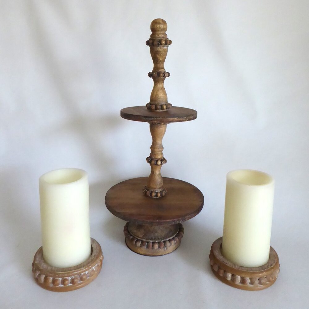NEW 18” RUSTIC FARMHOUSE COUNTRY WOOD BEADED TIERED TRAY SERVER & CANDLE HOLDERS